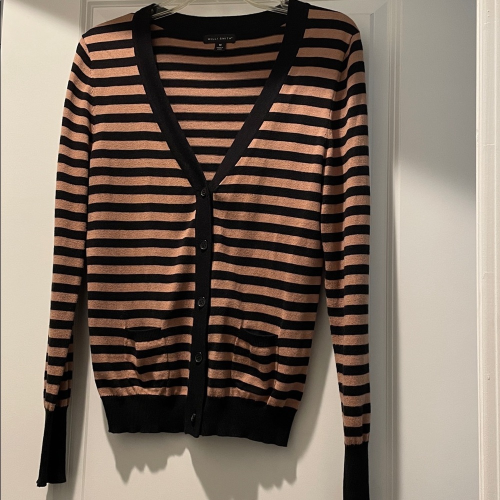 Willi Smith Cardigan Women Size M Black Beige Stripes V-Neck Button Front